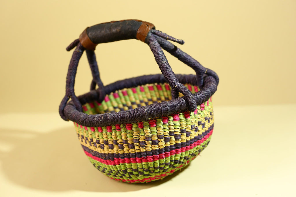 African Handwoven Market Basket Natural Fiber Straw Tote With Leather Handle-G6288