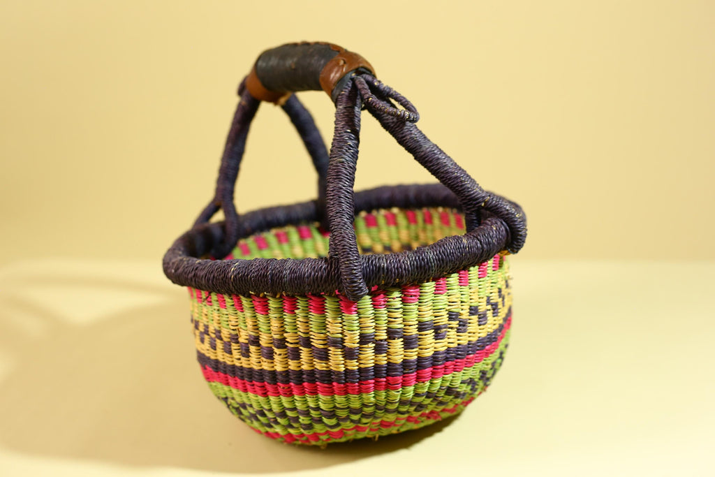 African Handwoven Market Basket Natural Fiber Straw Tote With Leather Handle-G6288
