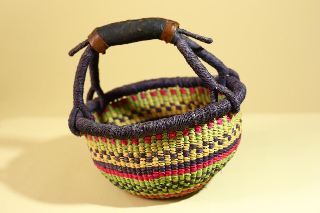 African Handwoven Market Basket Natural Fiber Straw Tote With Leather Handle-G6288