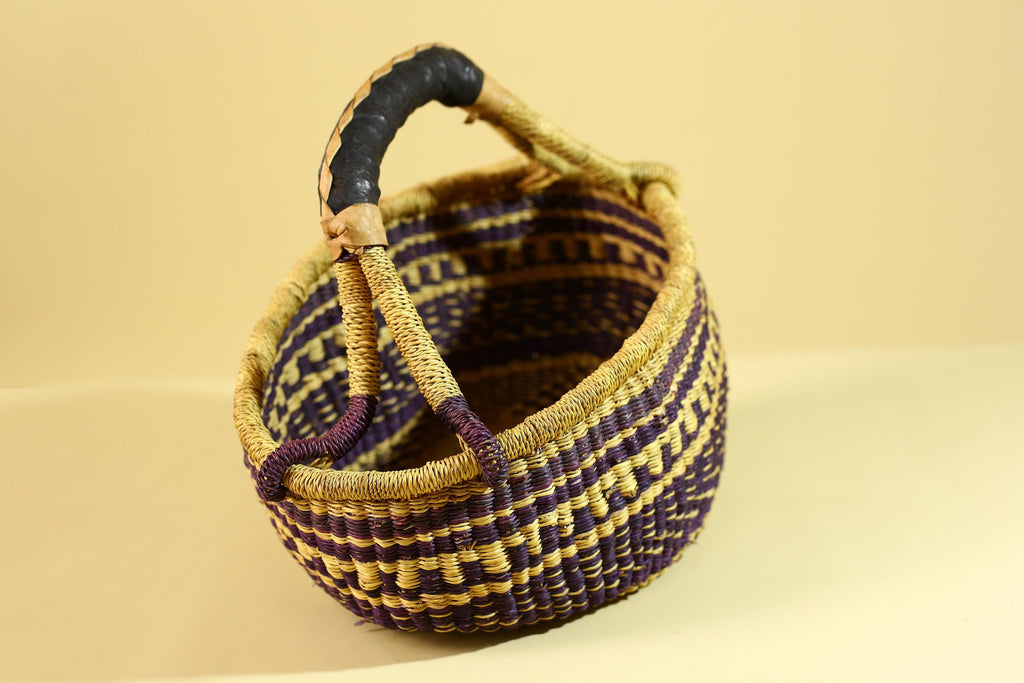 African Handwoven Market Basket Natural Fiber Artisan Woven Tote with Leather Handle-G6289