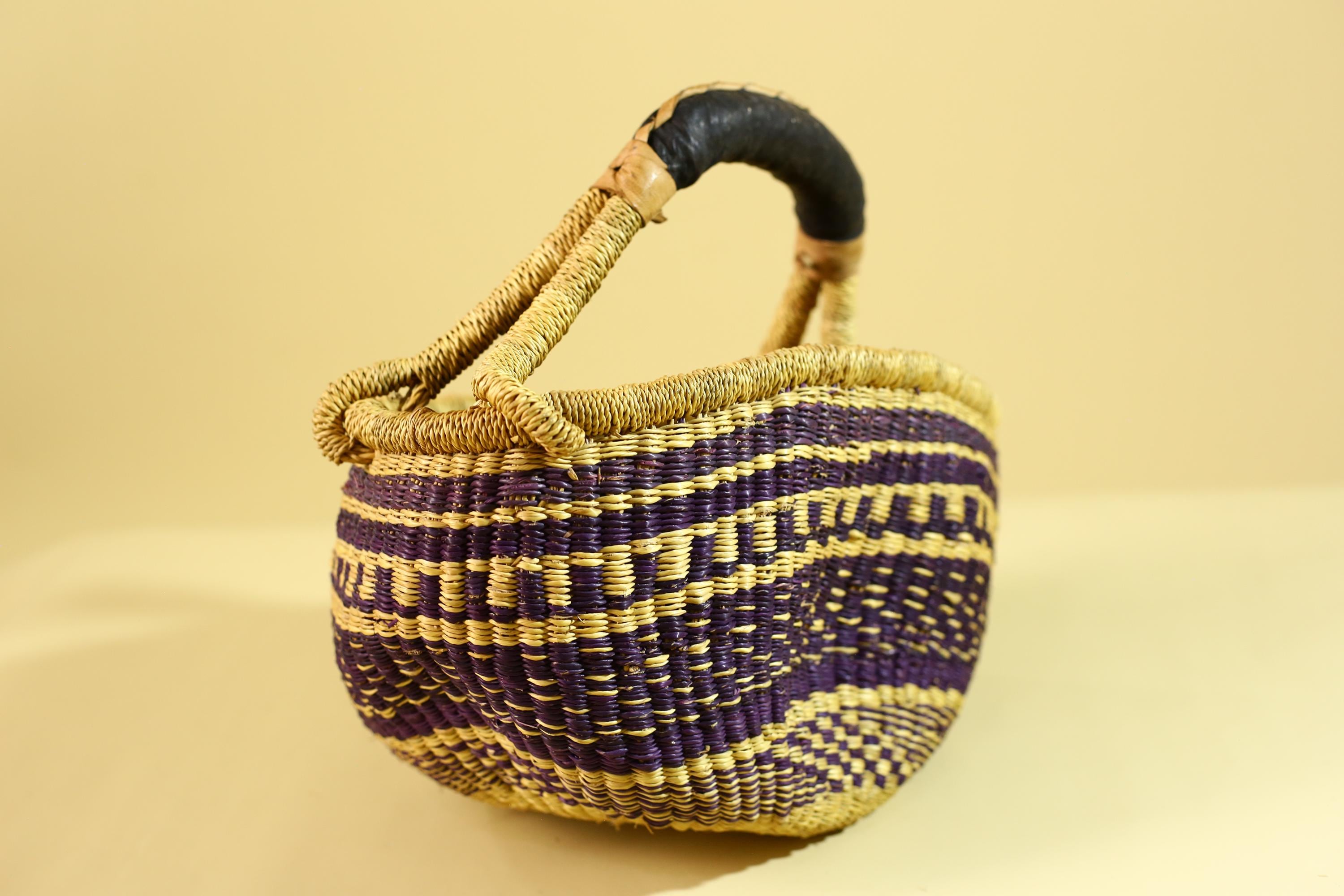 African Handwoven Market Basket Natural Fiber Artisan Woven Tote with Leather Handle-G6289