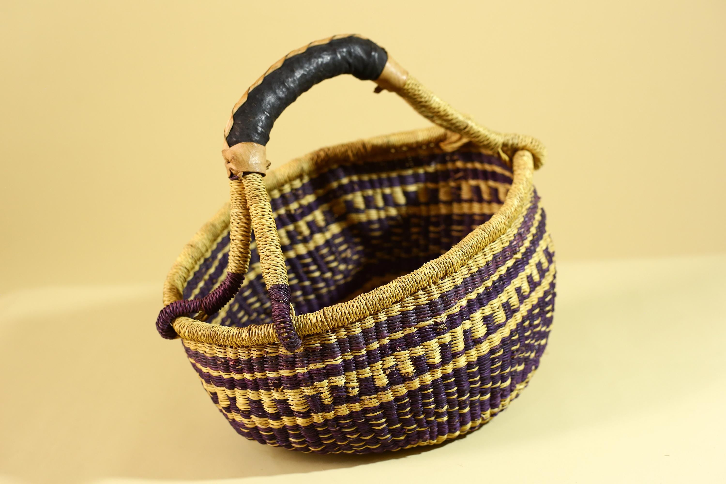 African Handwoven Market Basket Natural Fiber Artisan Woven Tote with Leather Handle-G6289