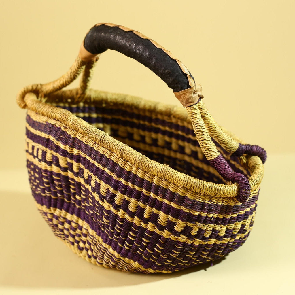 African Handwoven Market Basket Natural Fiber Artisan Woven Tote with Leather Handle-G6289
