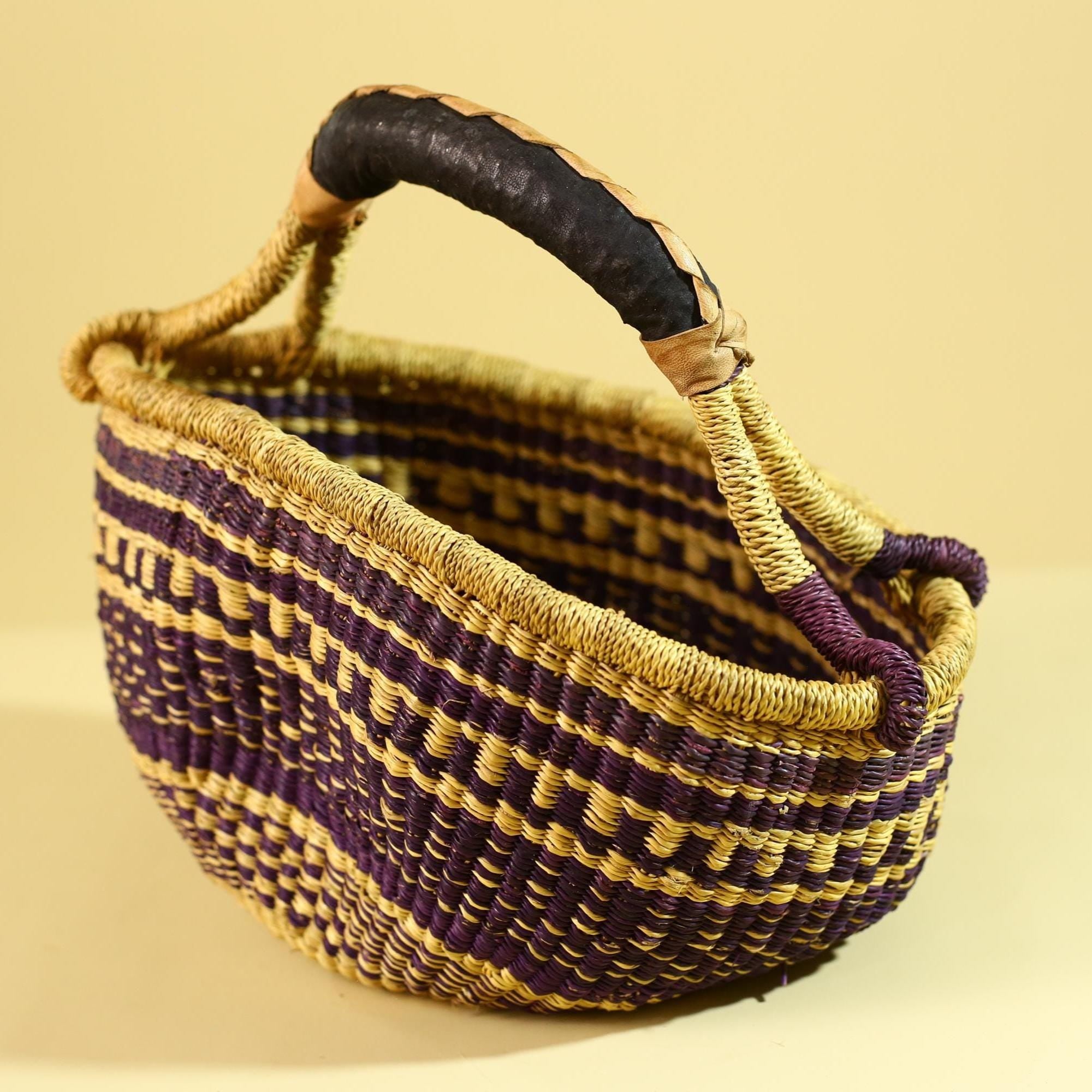 African Handwoven Market Basket Natural Fiber Artisan Woven Tote with Leather Handle-G6289