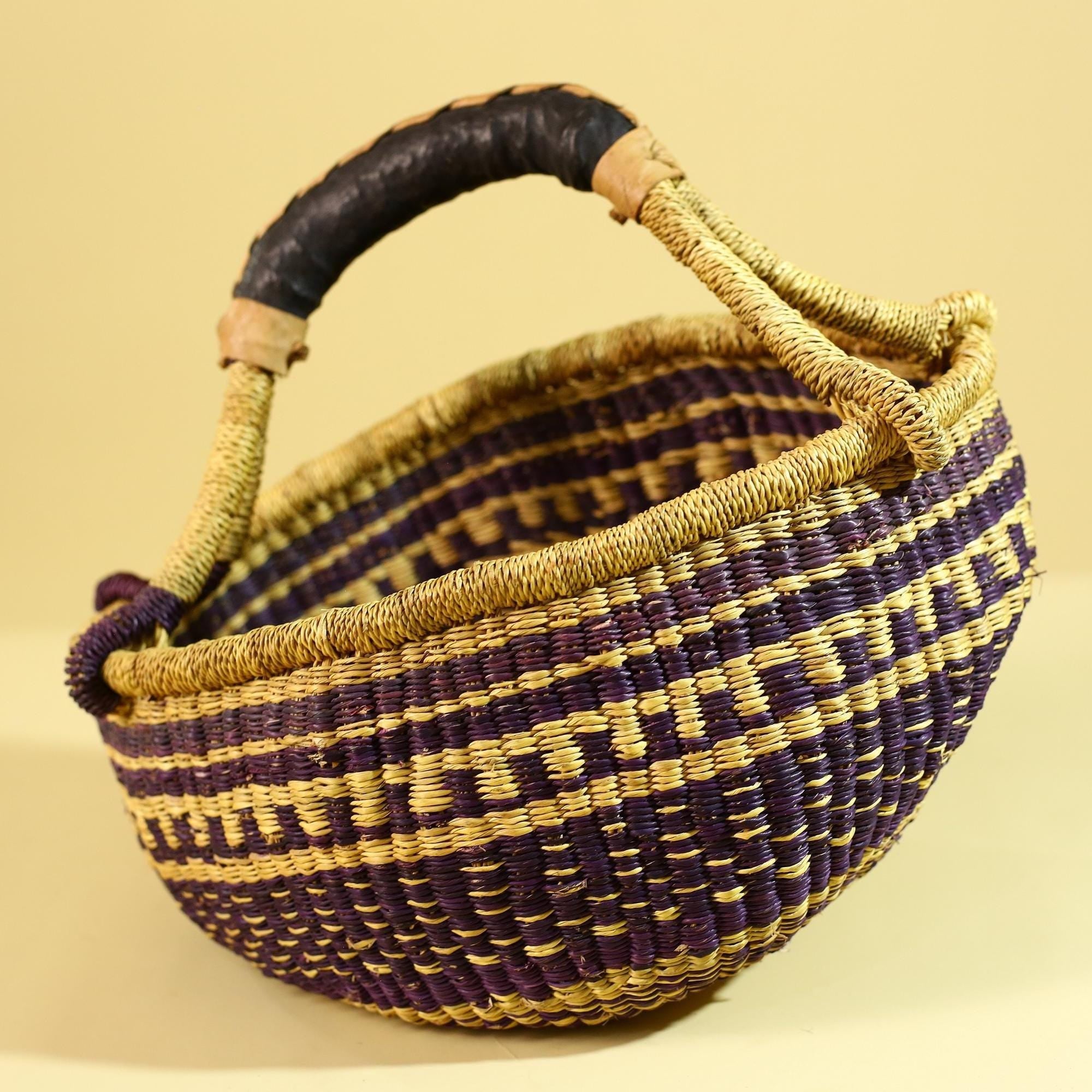 African Handwoven Market Basket Natural Fiber Artisan Woven Tote with Leather Handle-G6289