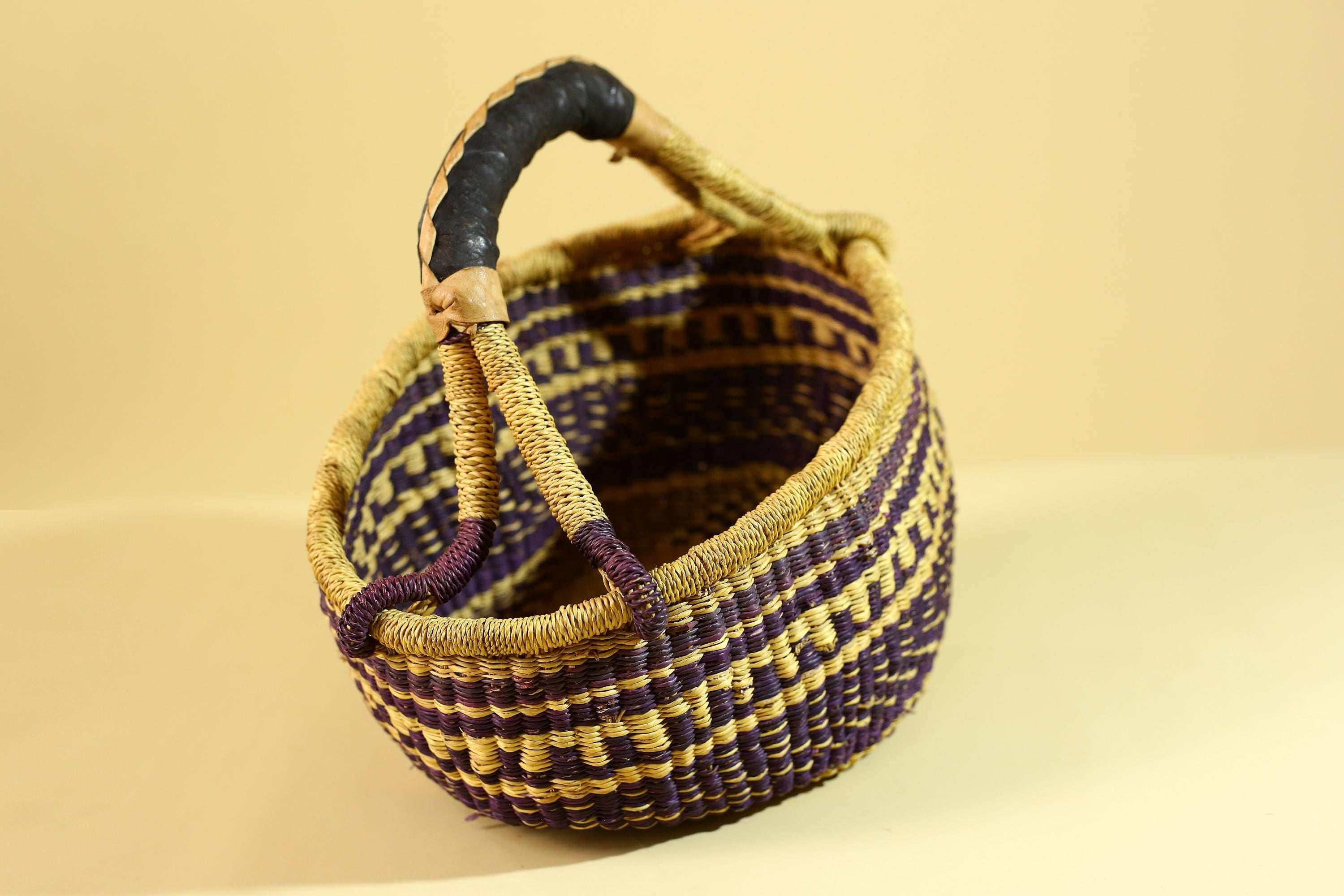 African Handwoven Market Basket Natural Fiber Artisan Woven Tote with Leather Handle-G6289