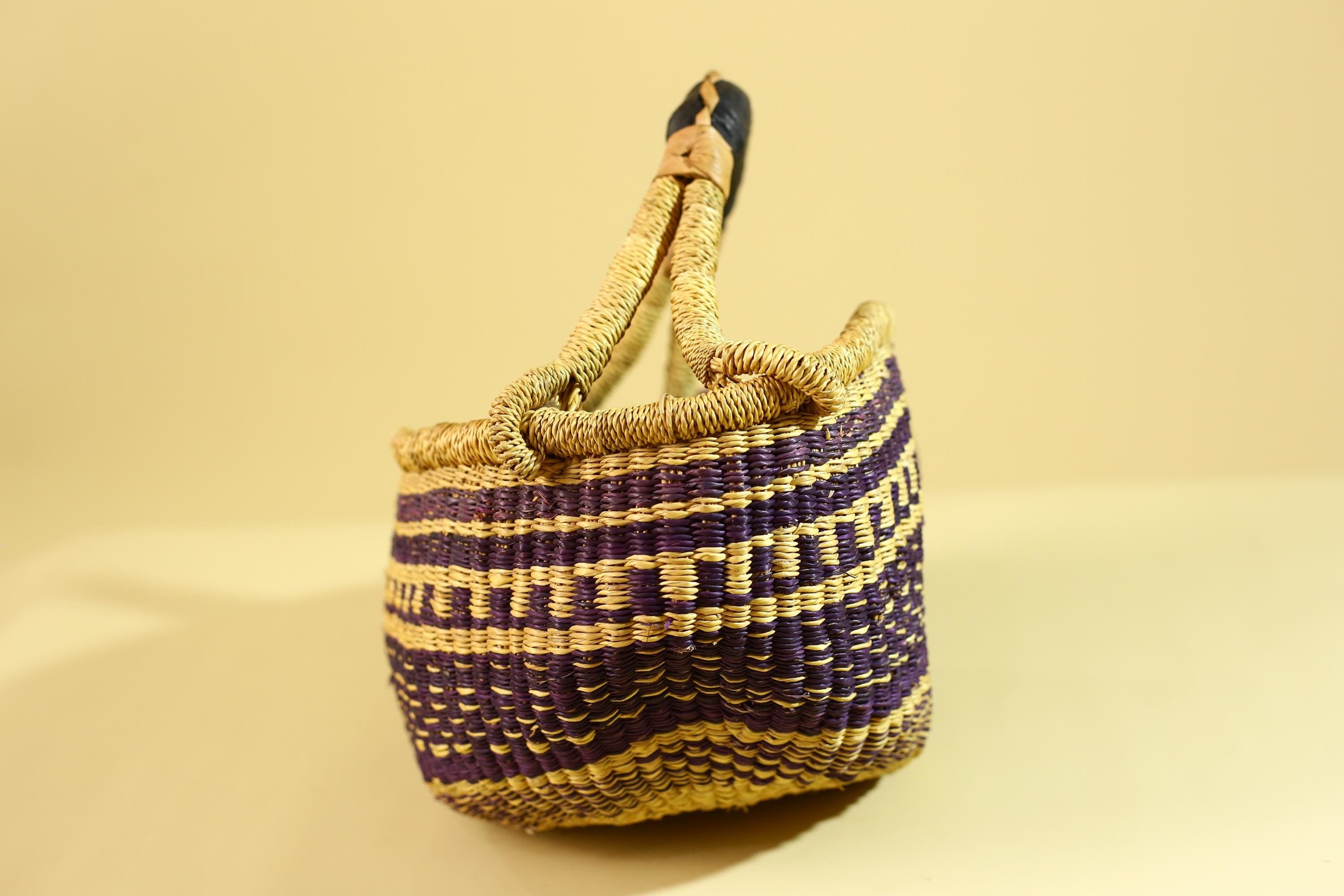 African Handwoven Market Basket Natural Fiber Artisan Woven Tote with Leather Handle-G6289