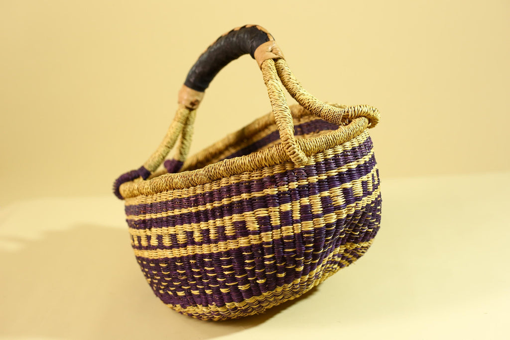 African Handwoven Market Basket Natural Fiber Artisan Woven Tote with Leather Handle-G6289