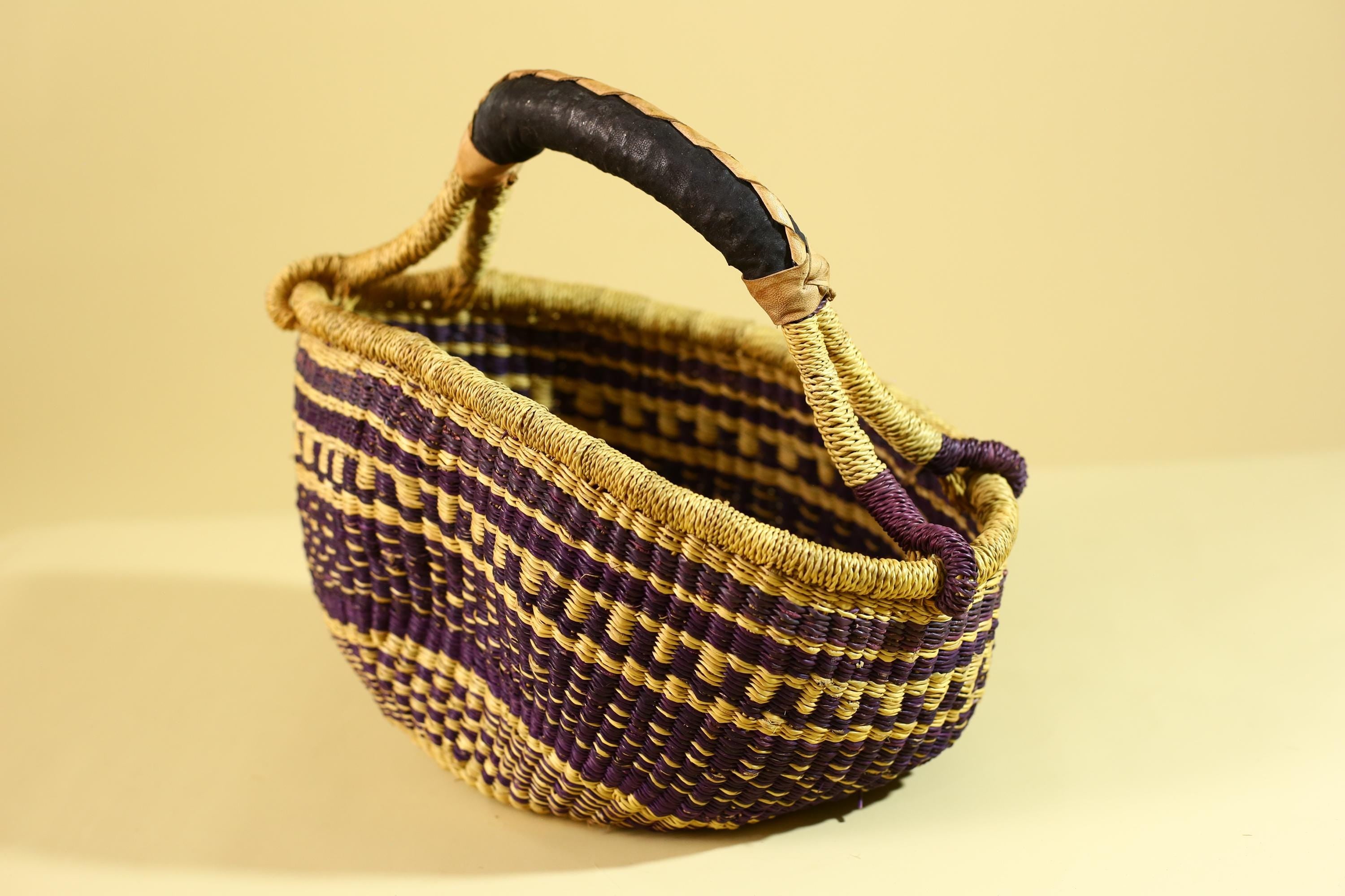 African Handwoven Market Basket Natural Fiber Artisan Woven Tote with Leather Handle-G6289