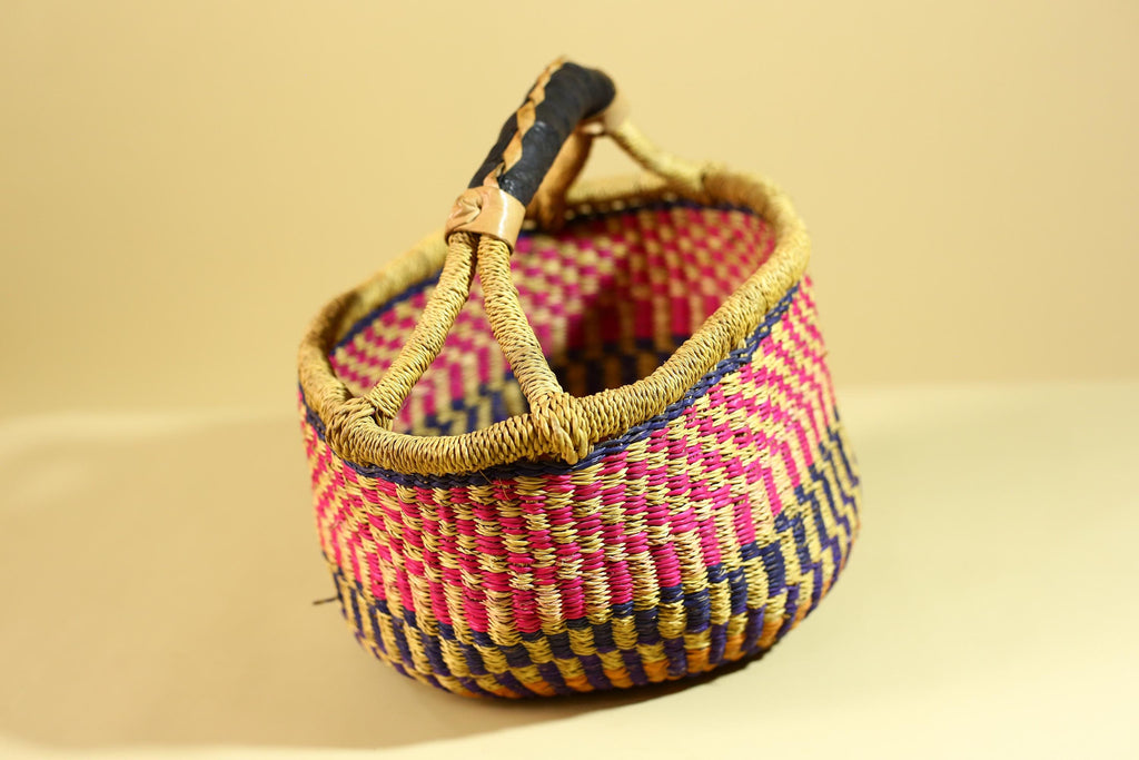 African Handwoven Market Basket Natural Fiber Artisan Woven with Leather Handle-G6290