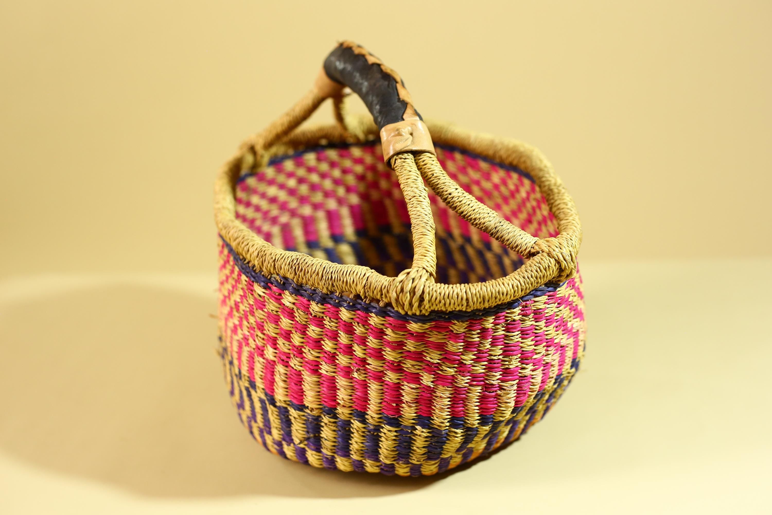 African Handwoven Market Basket Natural Fiber Artisan Woven with Leather Handle-G6290