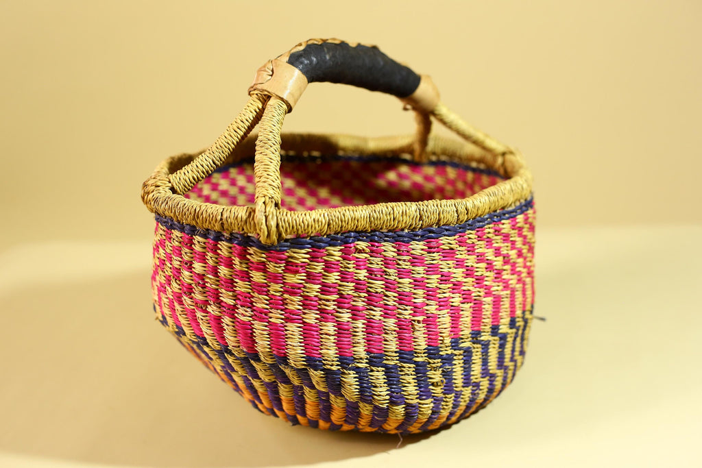 African Handwoven Market Basket Natural Fiber Artisan Woven with Leather Handle-G6290