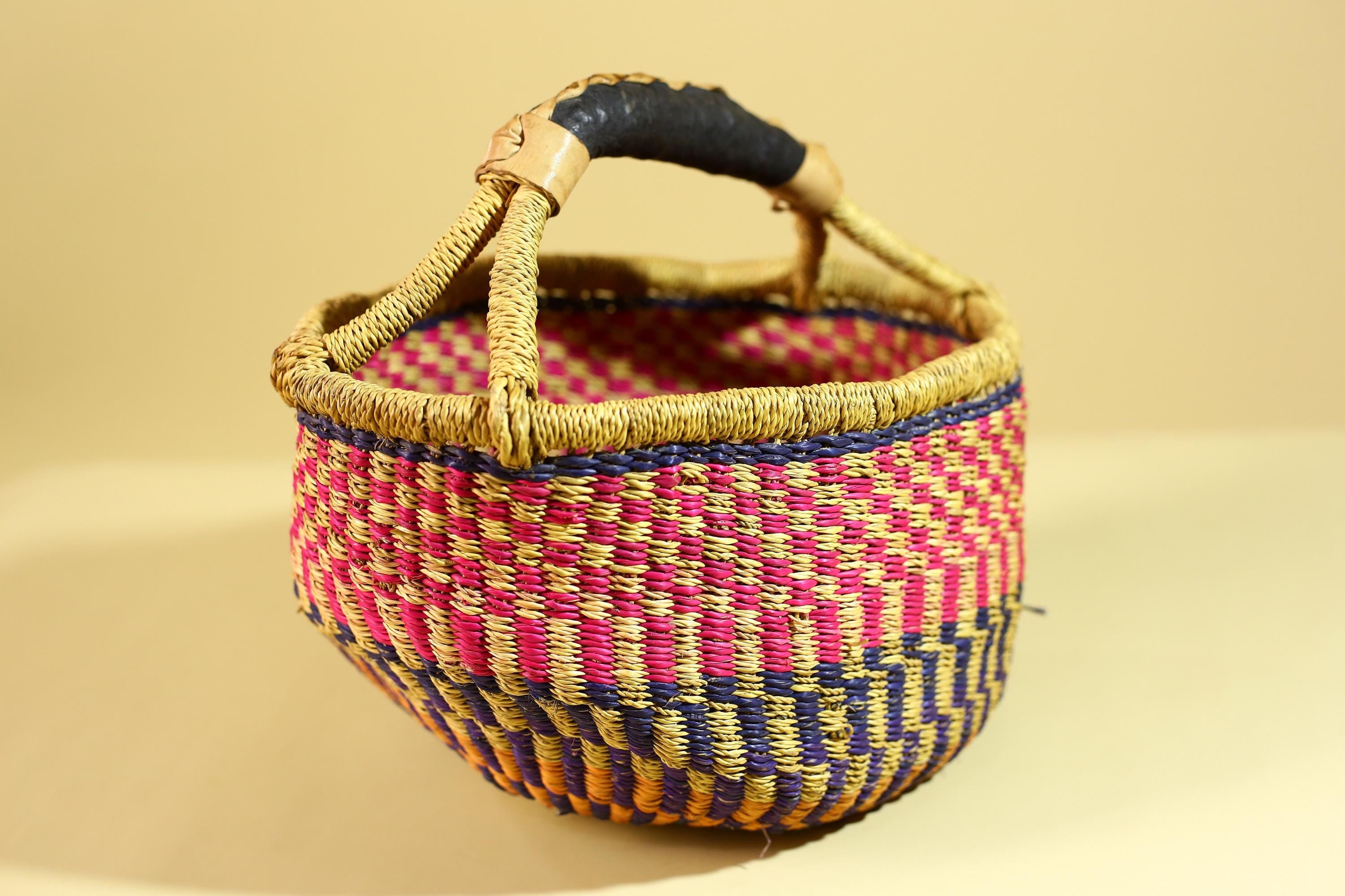 African Handwoven Market Basket Natural Fiber Artisan Woven with Leather Handle-G6290