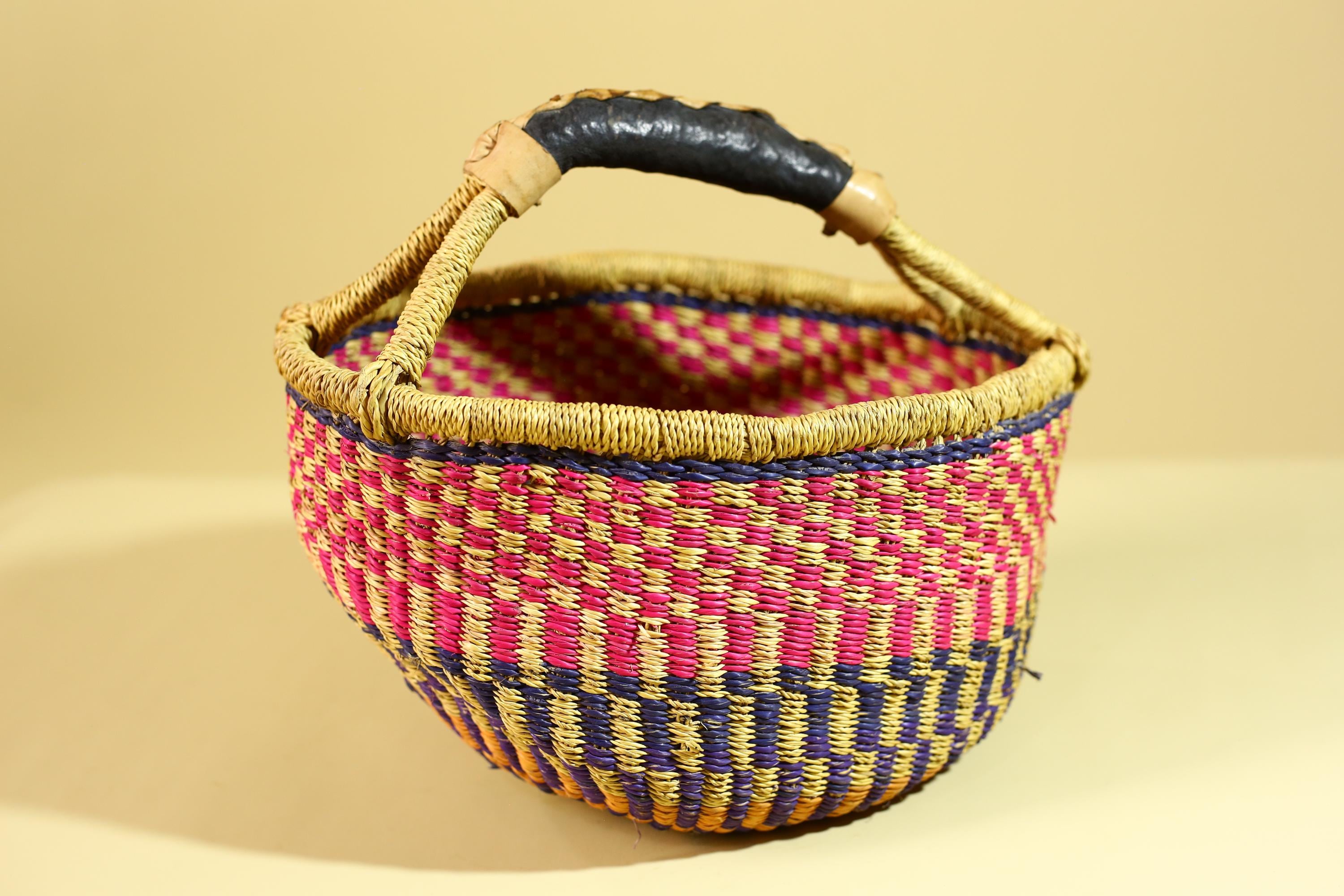 African Handwoven Market Basket Natural Fiber Artisan Woven with Leather Handle-G6290