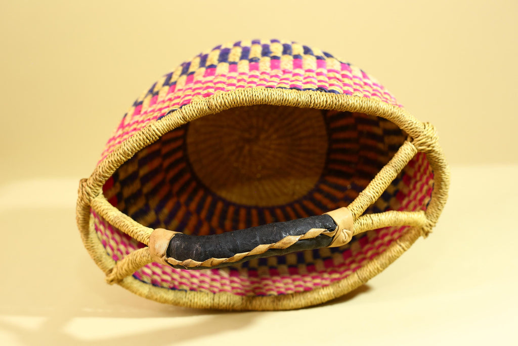 African Handwoven Market Basket Natural Fiber Artisan Woven with Leather Handle-G6290