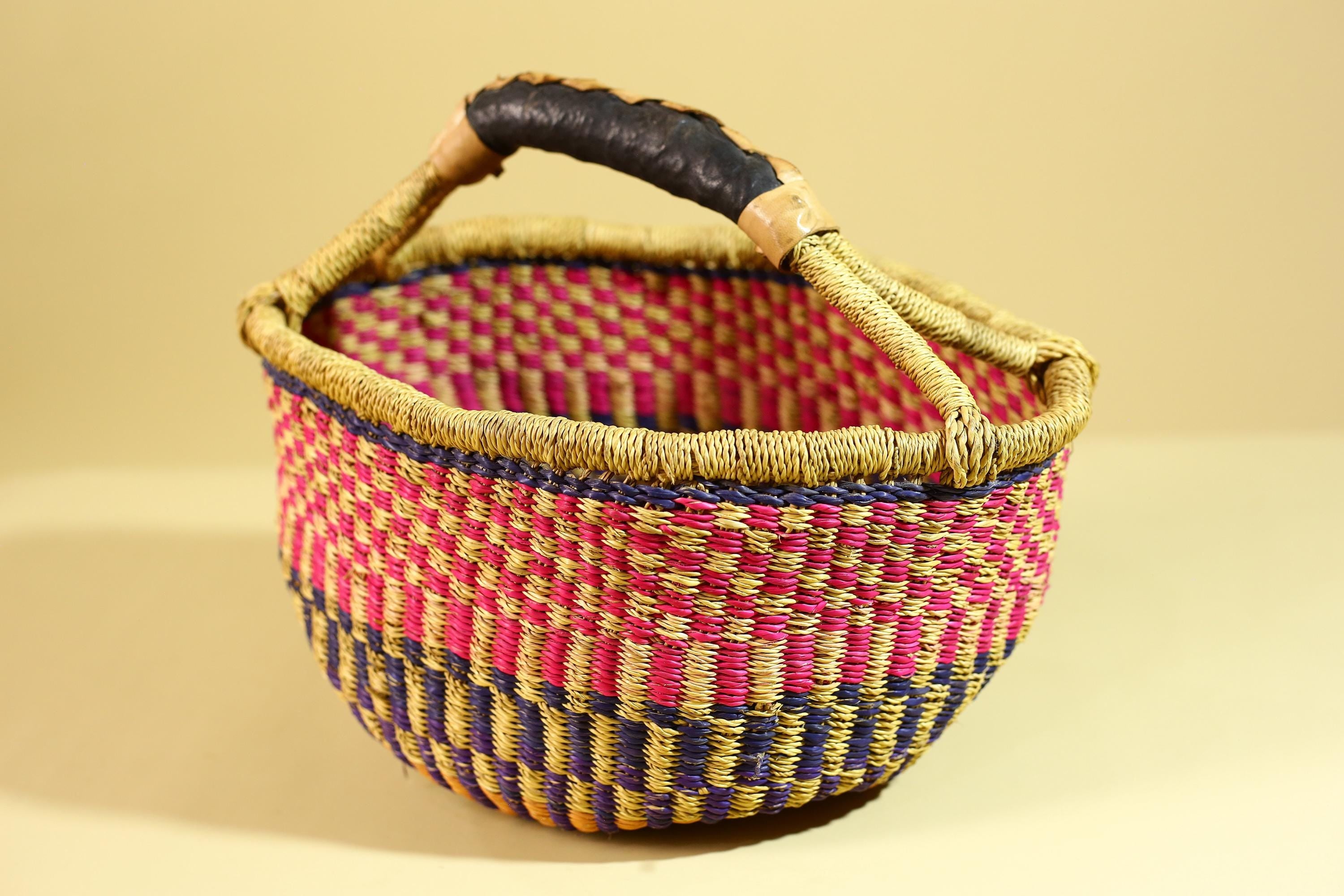 African Handwoven Market Basket Natural Fiber Artisan Woven with Leather Handle-G6290