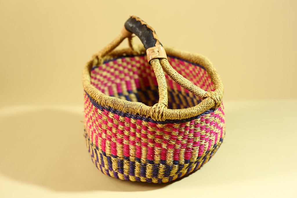 African Handwoven Market Basket Natural Fiber Artisan Woven with Leather Handle-G6290