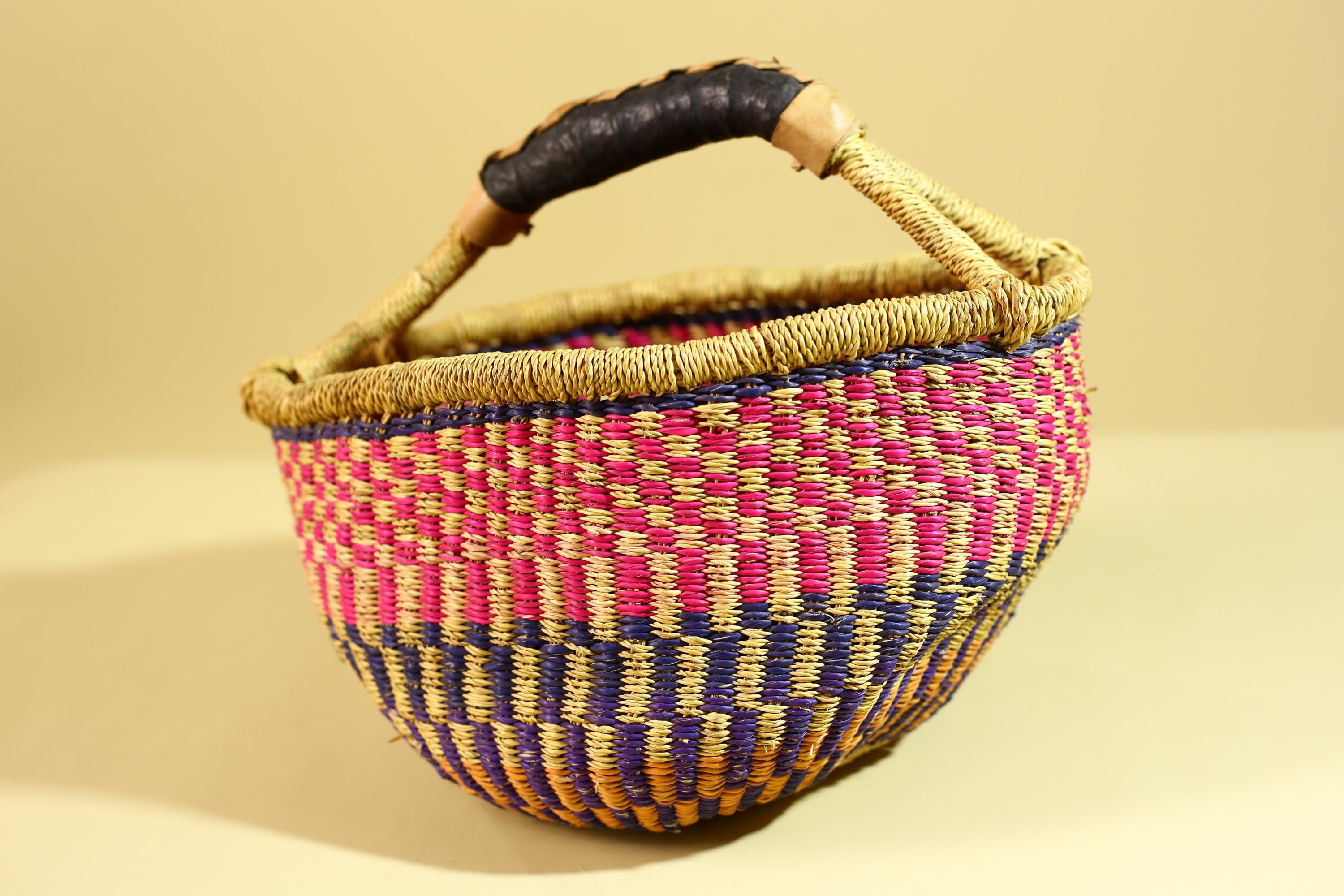 African Handwoven Market Basket Natural Fiber Artisan Woven with Leather Handle-G6290