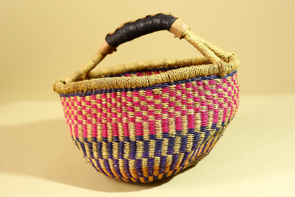 African Handwoven Market Basket Natural Fiber Artisan Woven with Leather Handle-G6290