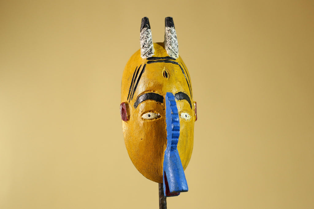 African Horned Mask Wooden Hand Carved Painted Tribal Art Decor Display-G6294