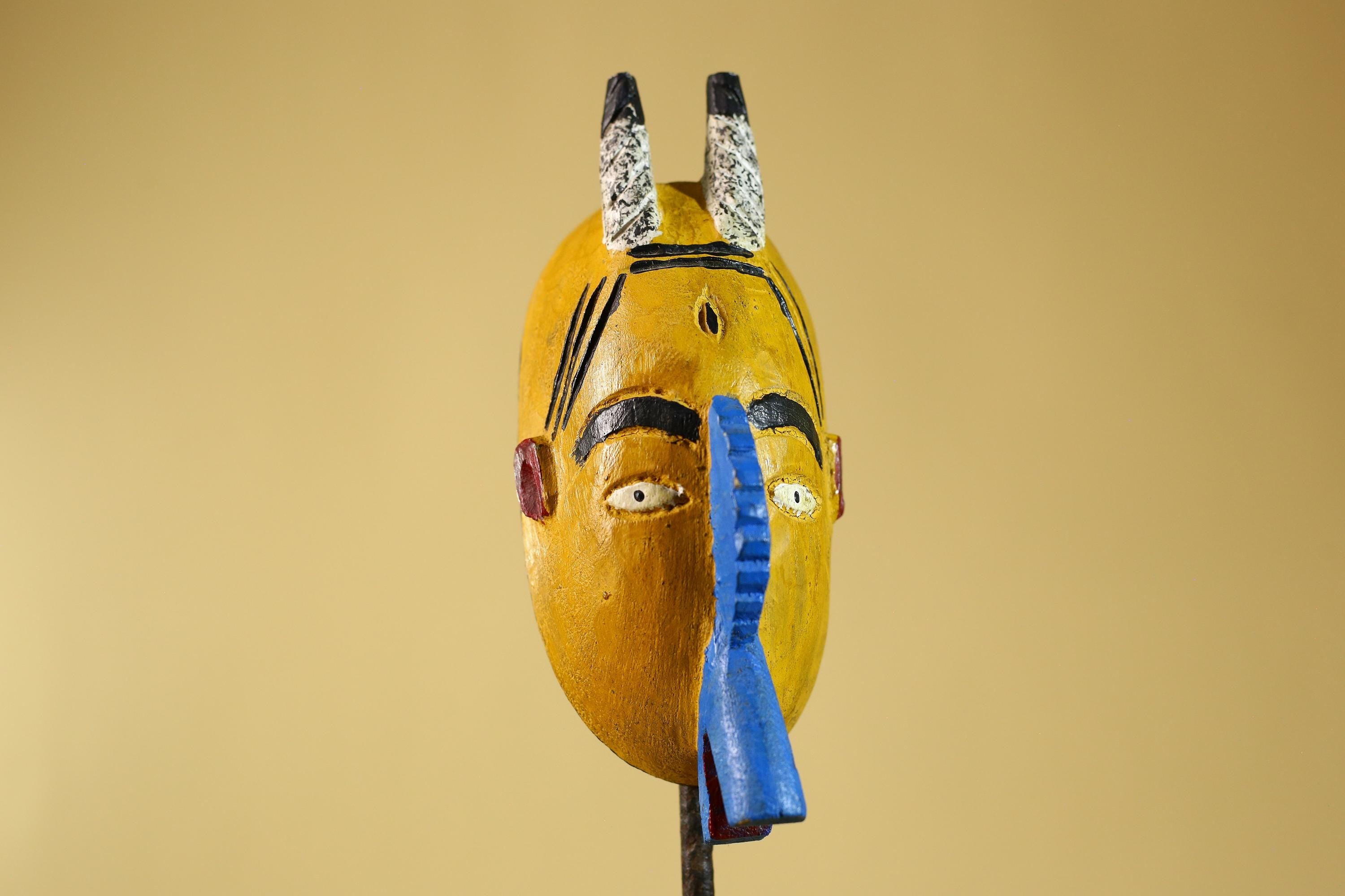 African Horned Mask Wooden Hand Carved Painted Tribal Art Decor Display-G6294