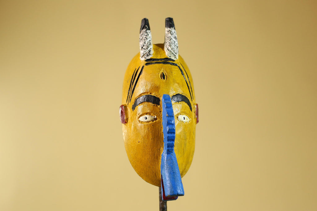 African Horned Mask Wooden Hand Carved Painted Tribal Art Decor Display-G6294