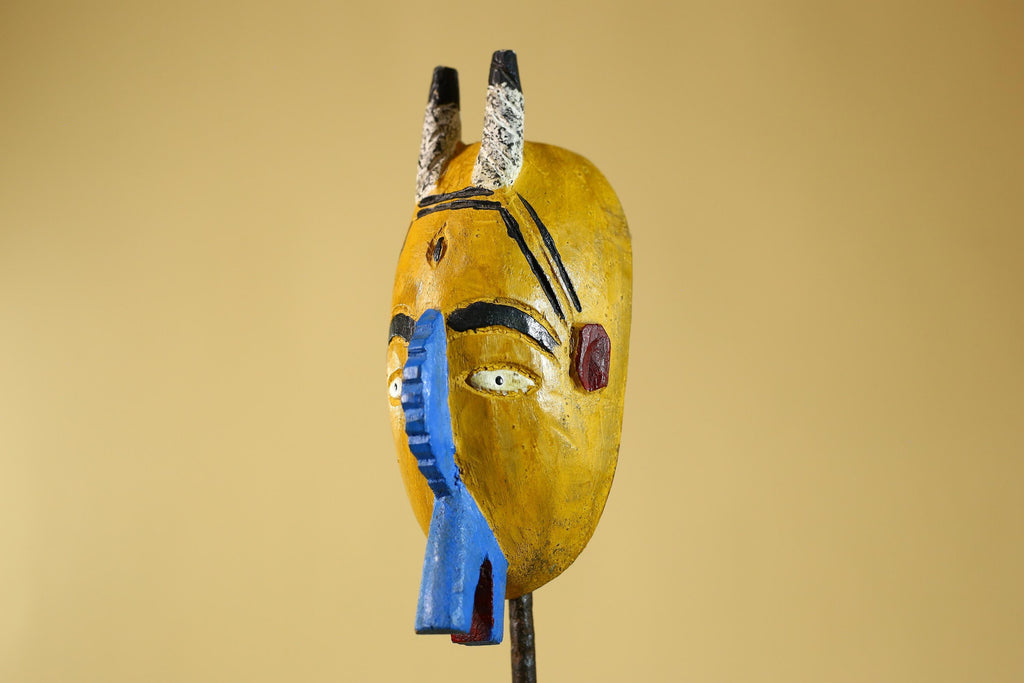 African Horned Mask Wooden Hand Carved Painted Tribal Art Decor Display-G6294