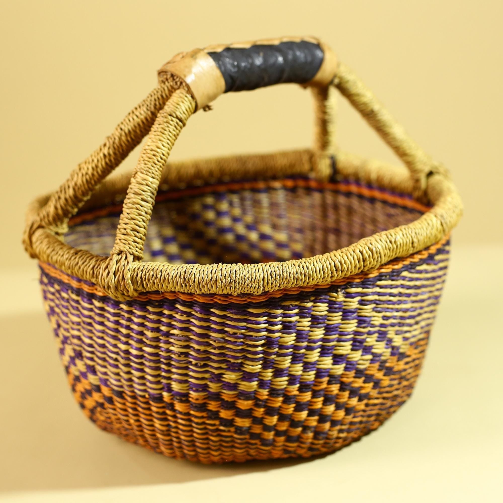 African Handwoven Basket With Handle Colorful Woven Storage Decor-G6299