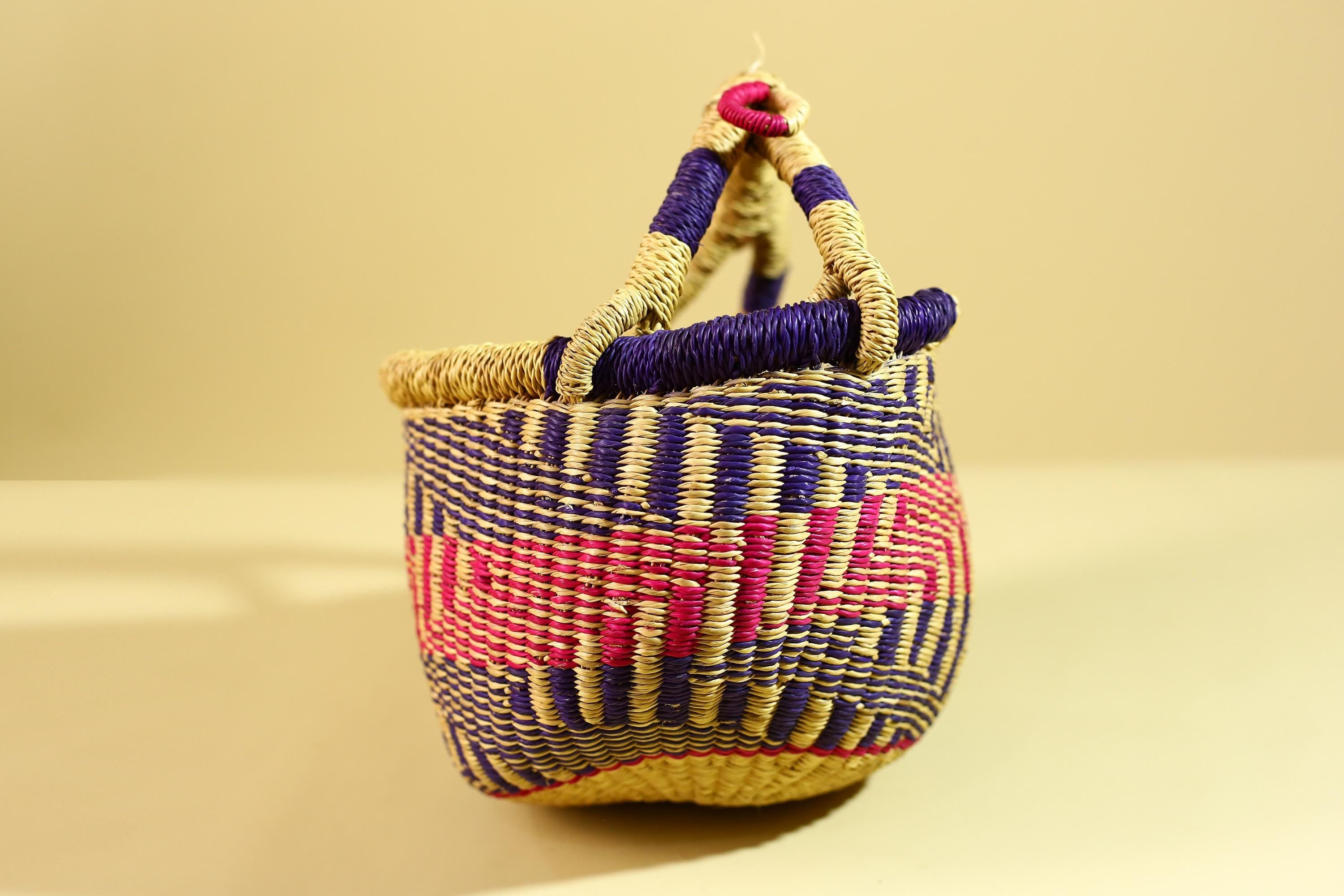 African Handwoven Basket With Double Handle Colorful Storage Decor-G6300