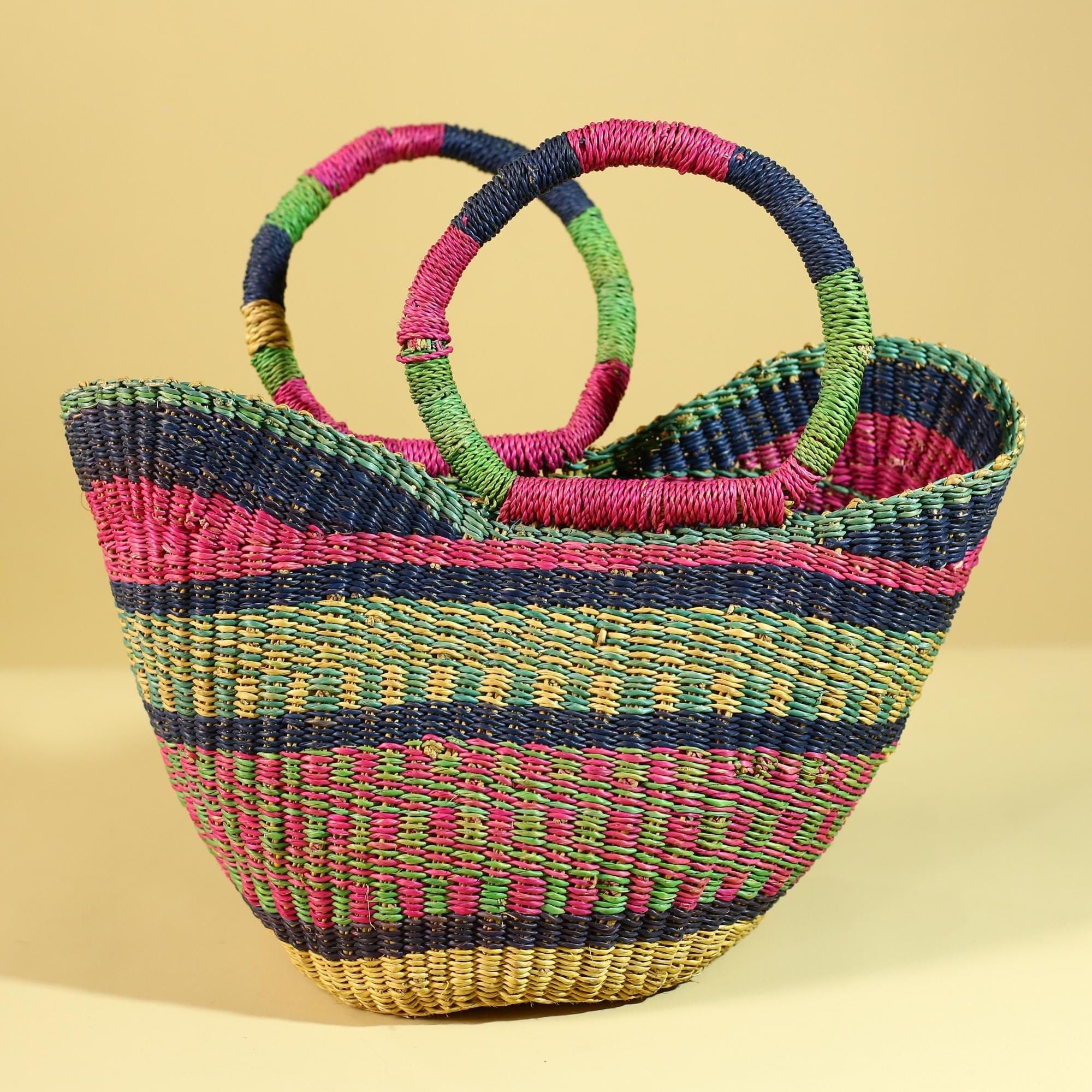 African Handwoven Basket With Loop Handles Colorful Storage Decor-G6301