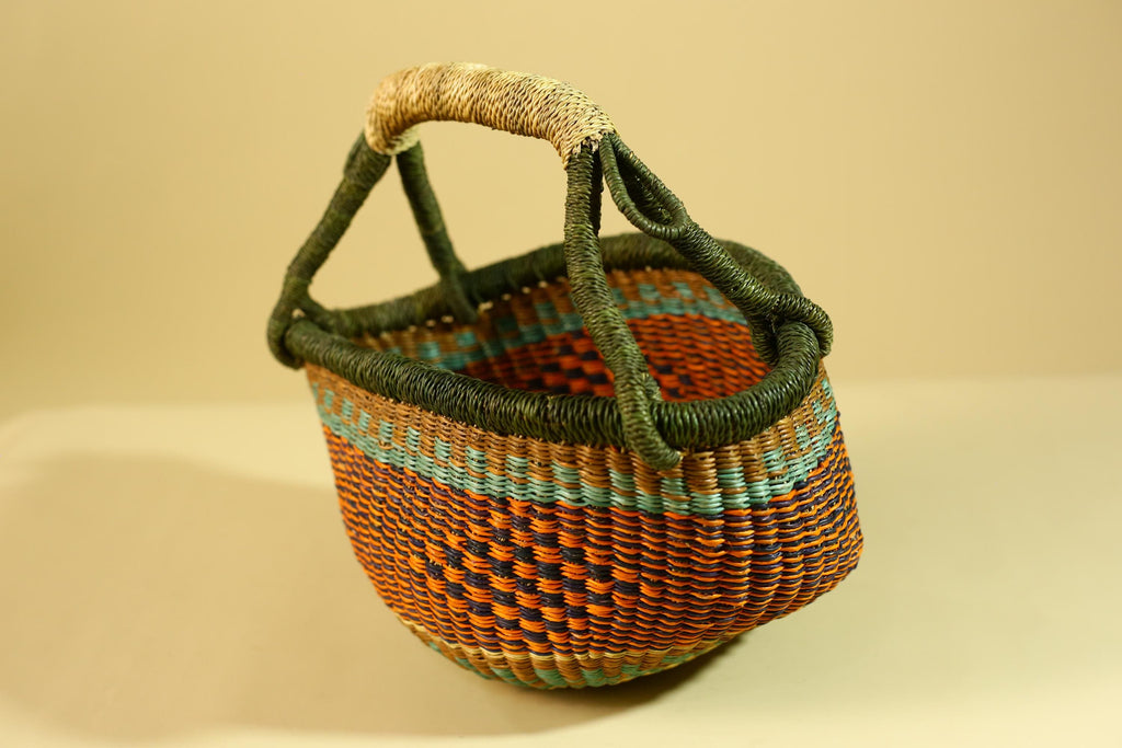 African Handwoven Basket With Handle Colorful Natural Fiber Decor-G6302