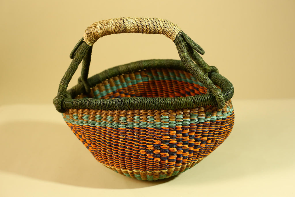African Handwoven Basket With Handle Colorful Natural Fiber Decor-G6302