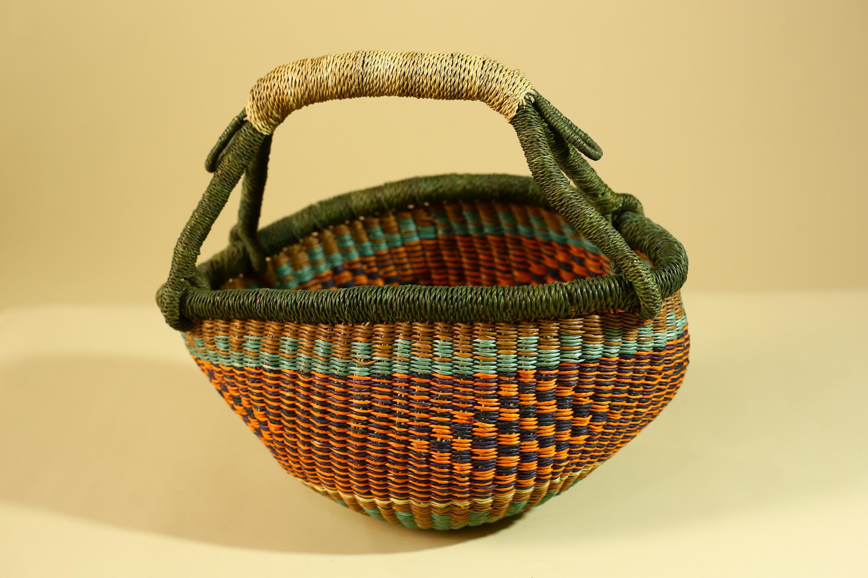 African Handwoven Basket With Handle Colorful Natural Fiber Decor-G6302