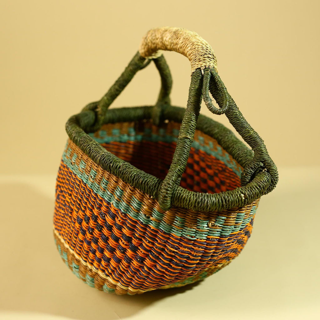 African Handwoven Basket With Handle Colorful Natural Fiber Decor-G6302