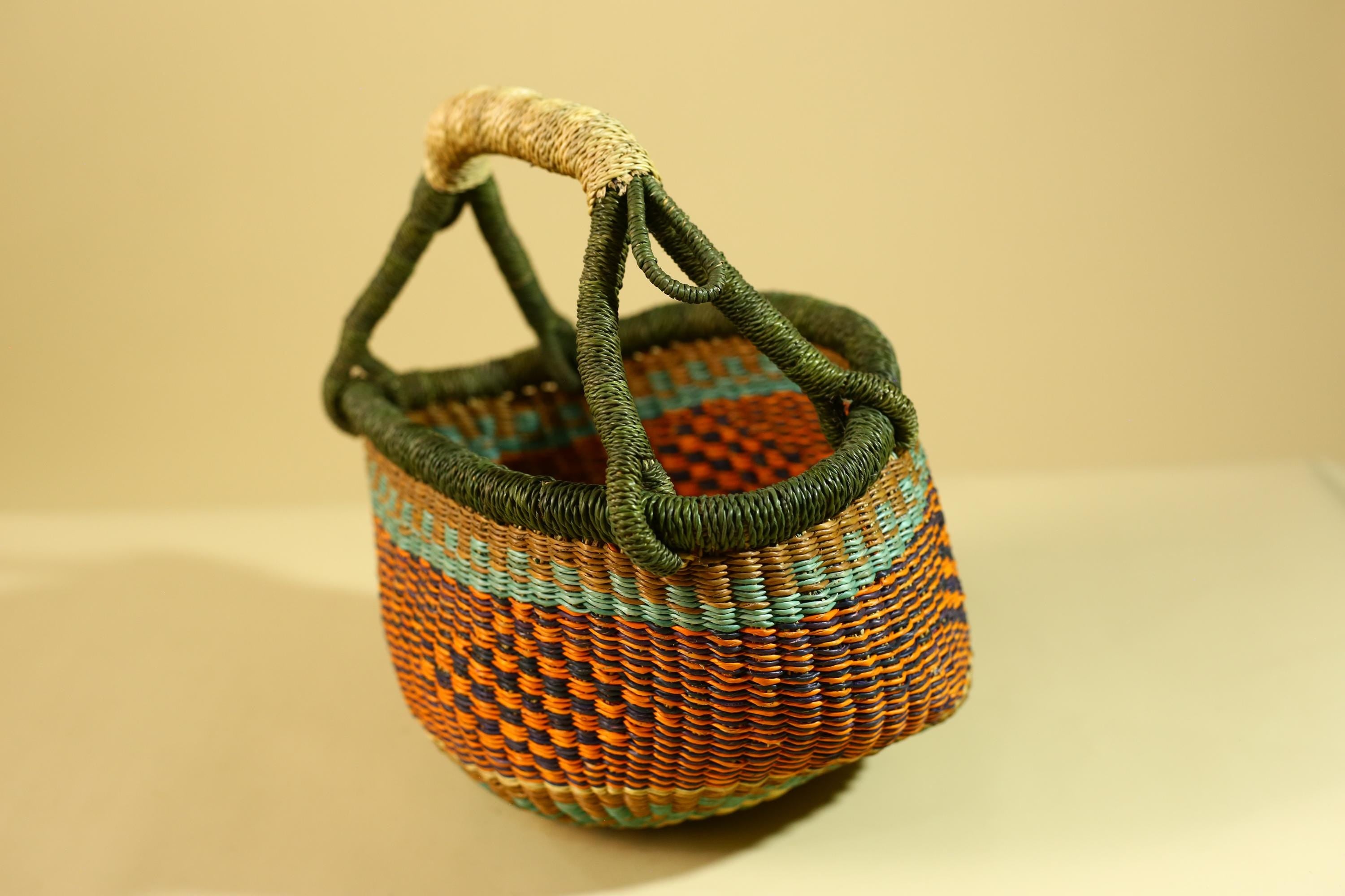 African Handwoven Basket With Handle Colorful Natural Fiber Decor-G6302
