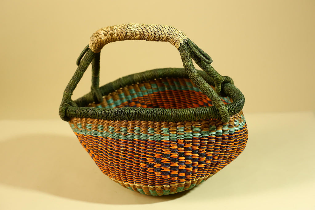 African Handwoven Basket With Handle Colorful Natural Fiber Decor-G6302
