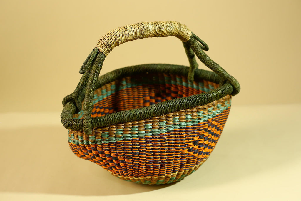 African Handwoven Basket With Handle Colorful Natural Fiber Decor-G6302