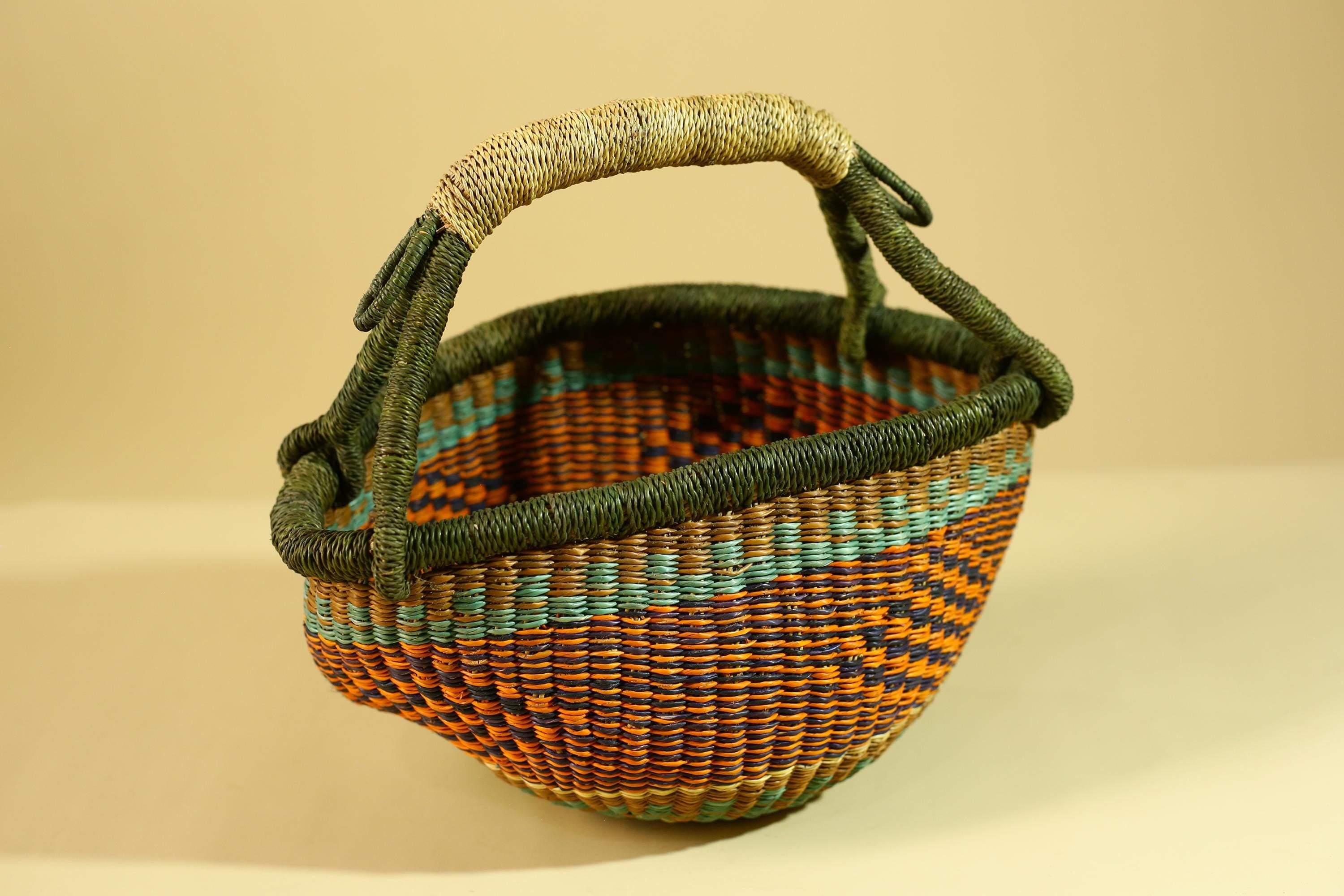 African Handwoven Basket With Handle Colorful Natural Fiber Decor-G6302