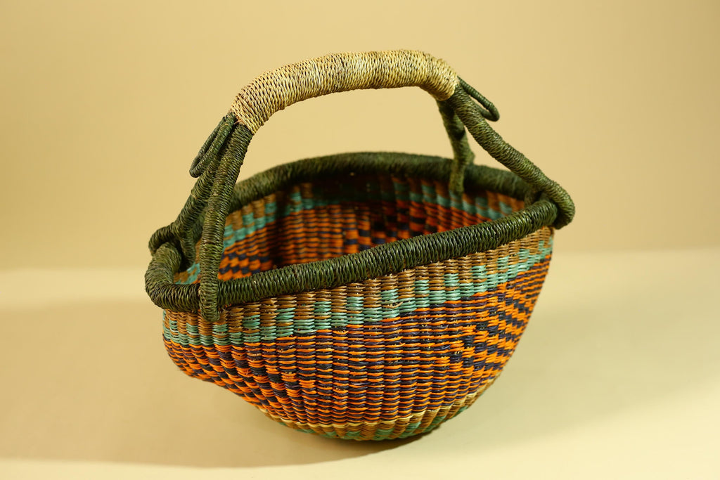 African Handwoven Basket With Handle Colorful Natural Fiber Decor-G6302