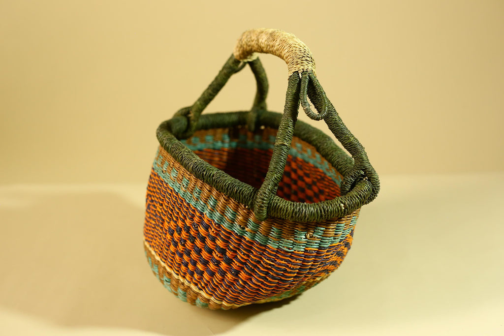 African Handwoven Basket With Handle Colorful Natural Fiber Decor-G6302