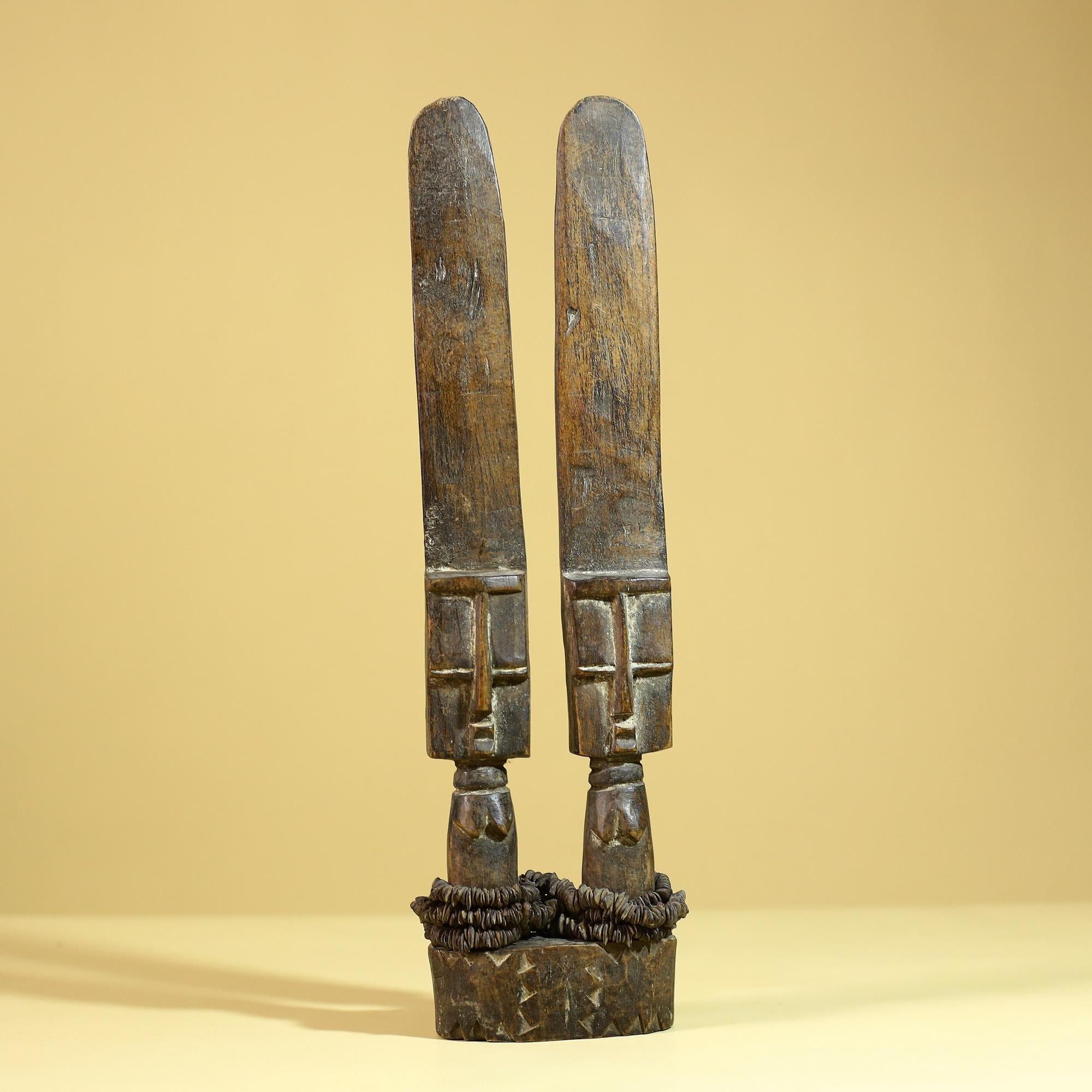 Vintage African Tribal Twin Figure Sculpture Hand Carved Wood Decor Artifact-G4782