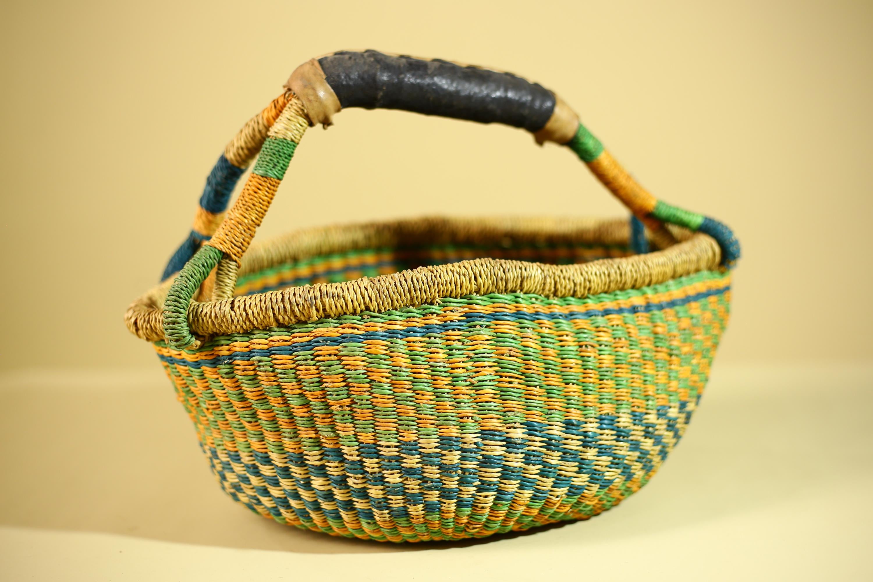 African Bolga Basket Handwoven Grass Market Basket Tribal Storage Decor Ghana-G6319