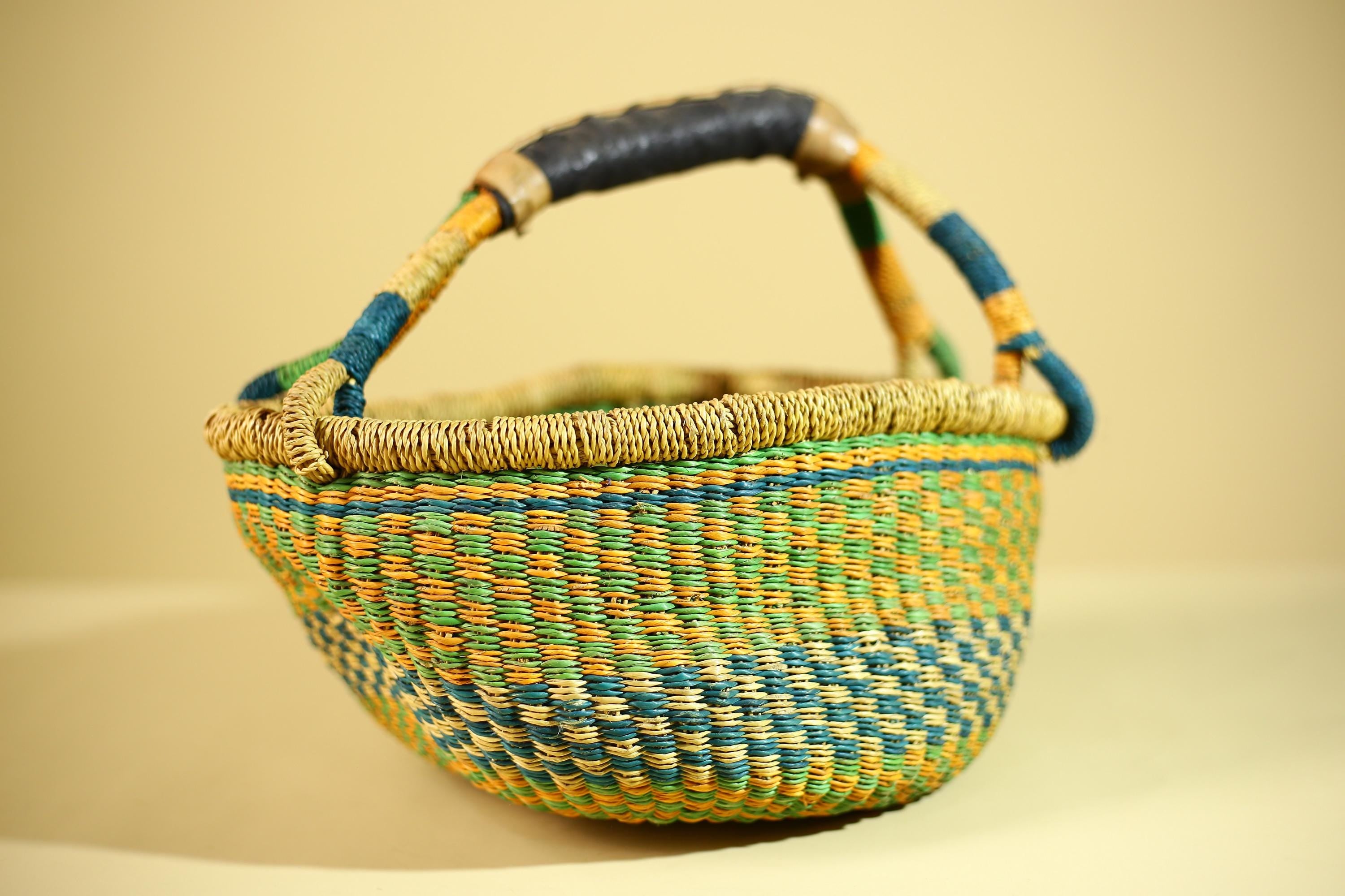 African Bolga Basket Handwoven Grass Market Basket Tribal Storage Decor Ghana-G6319