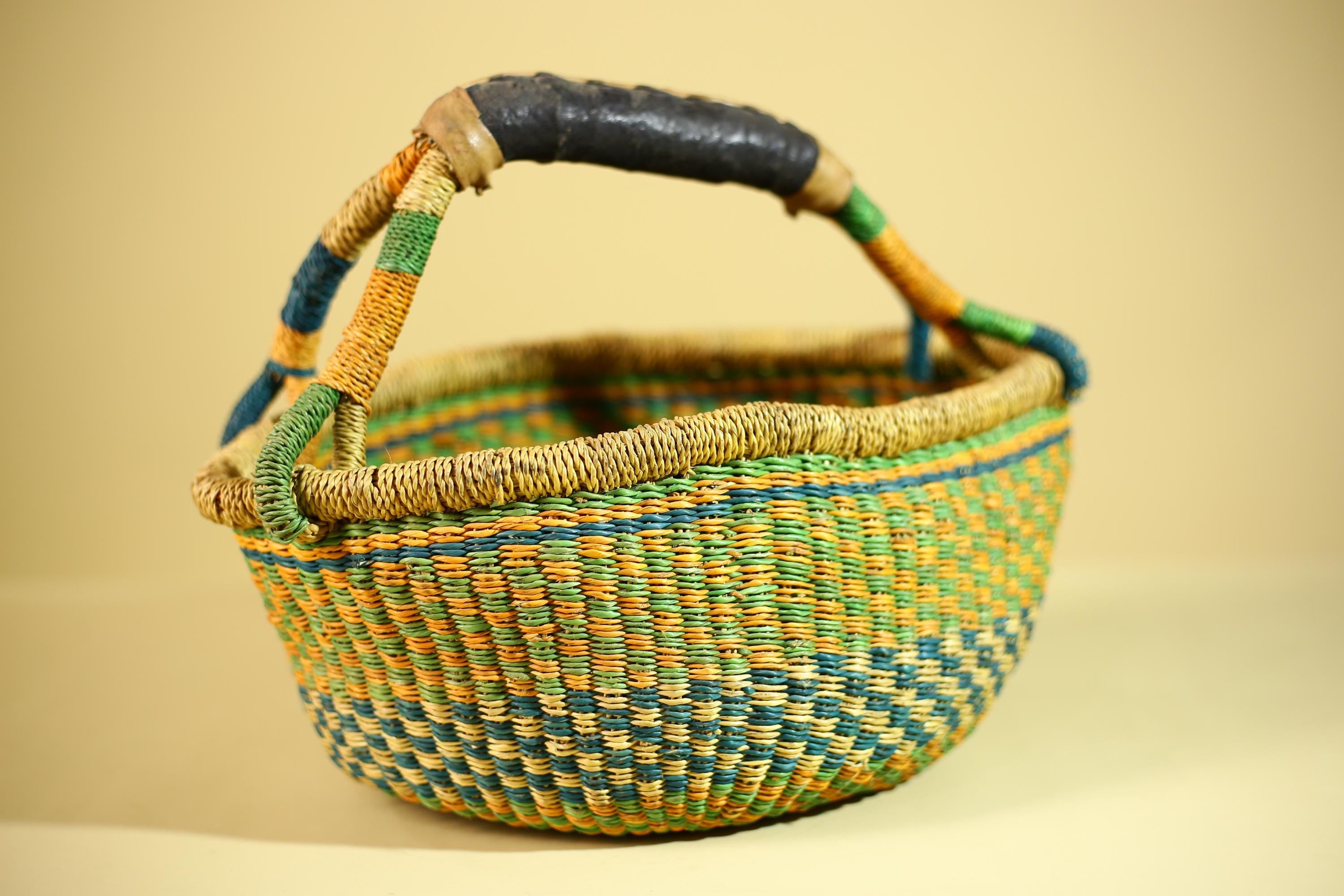 African Bolga Basket Handwoven Grass Market Basket Tribal Storage Decor Ghana-G6319