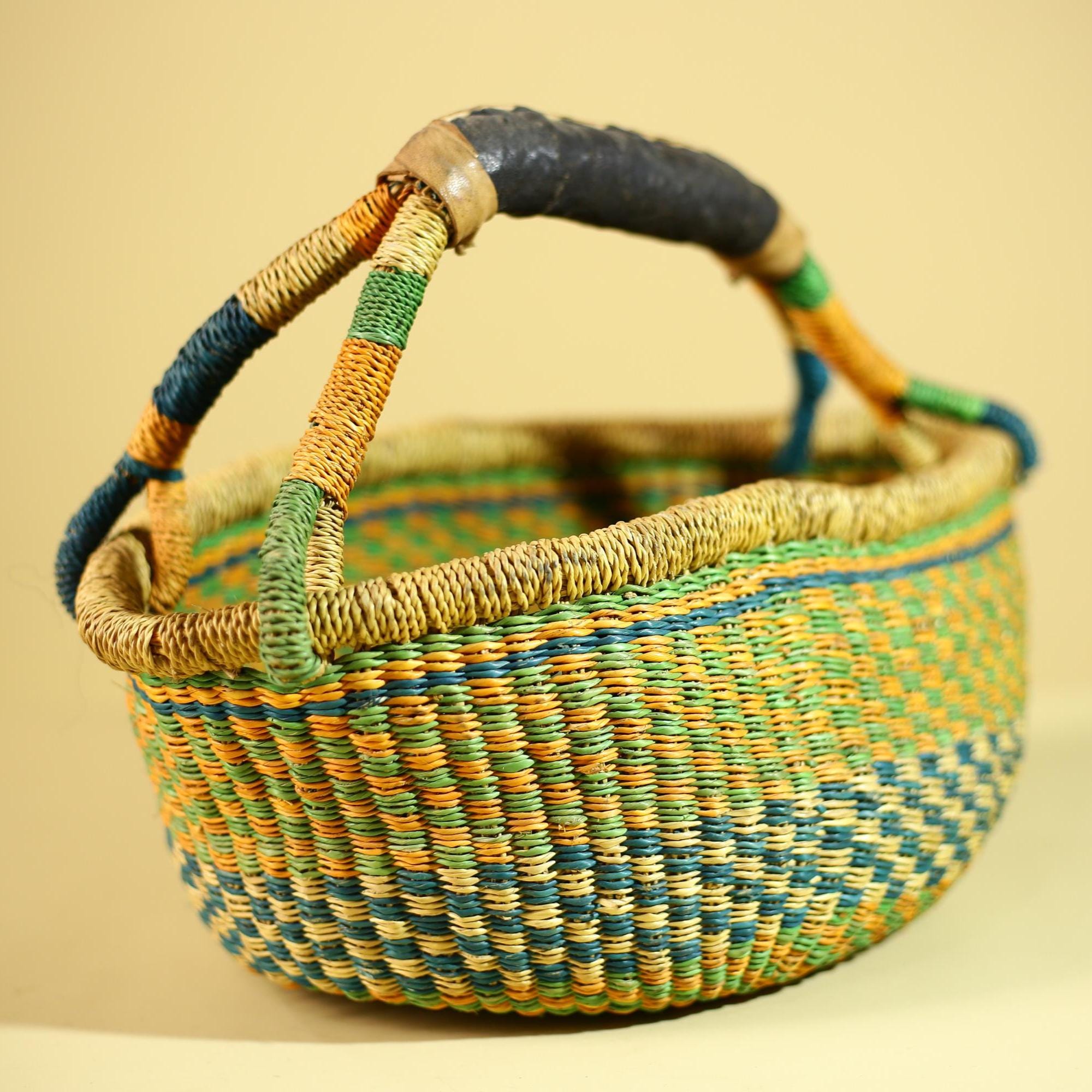 African Bolga Basket Handwoven Grass Market Basket Tribal Storage Decor Ghana-G6319
