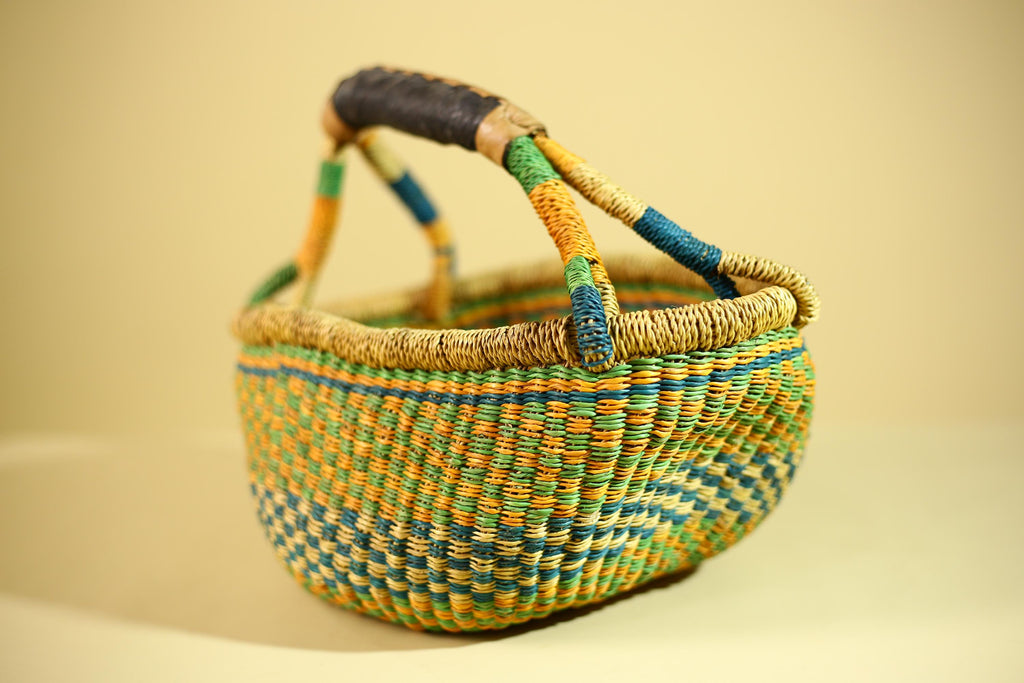 African Bolga Basket Handwoven Grass Market Basket Tribal Storage Decor Ghana-G6319