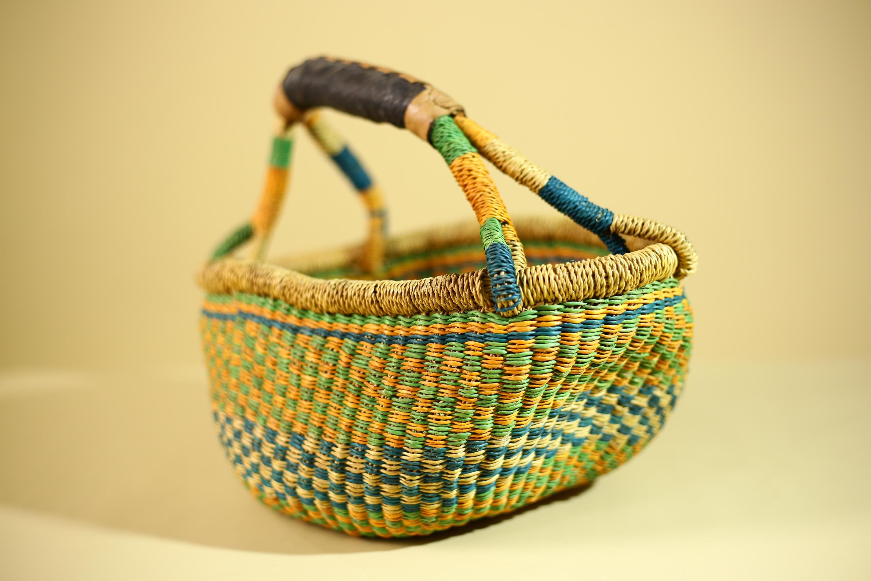 African Bolga Basket Handwoven Grass Market Basket Tribal Storage Decor Ghana-G6319