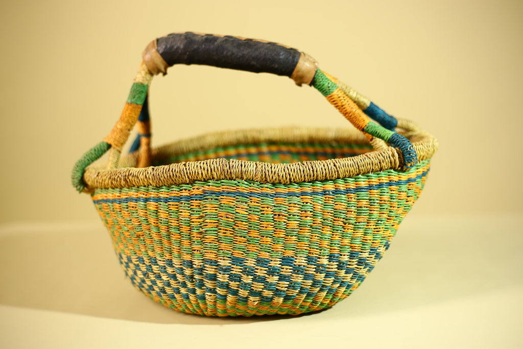 African Bolga Basket Handwoven Grass Market Basket Tribal Storage Decor Ghana-G6319