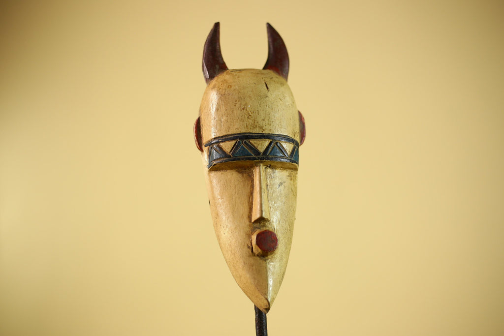 African Horned Tribal Mask Hand Carved Wood Wall Mask Ethnographic Decor-G6324