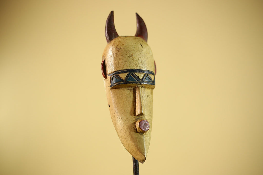 African Horned Tribal Mask Hand Carved Wood Wall Mask Ethnographic Decor-G6324